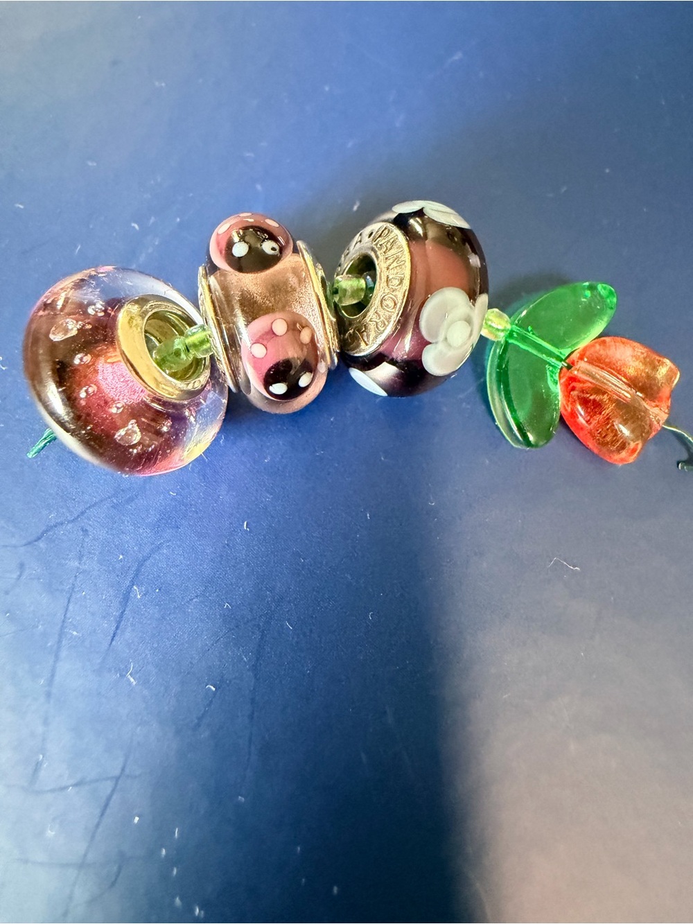 Pandora Pink, Purple & Green Glass Charm Beads with Flower and Tulip Accents
